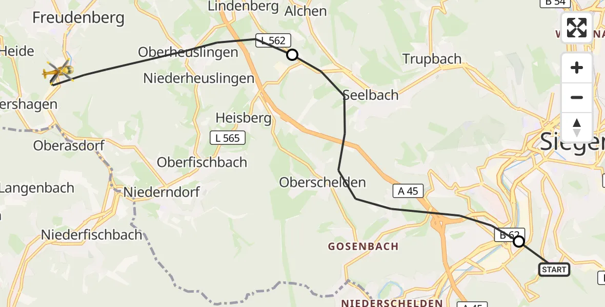 Flugroute Rettungshubschrauber Evangelisches Jung-Stilling Hospital - Freudenberg, 17 August 2026, 09:30