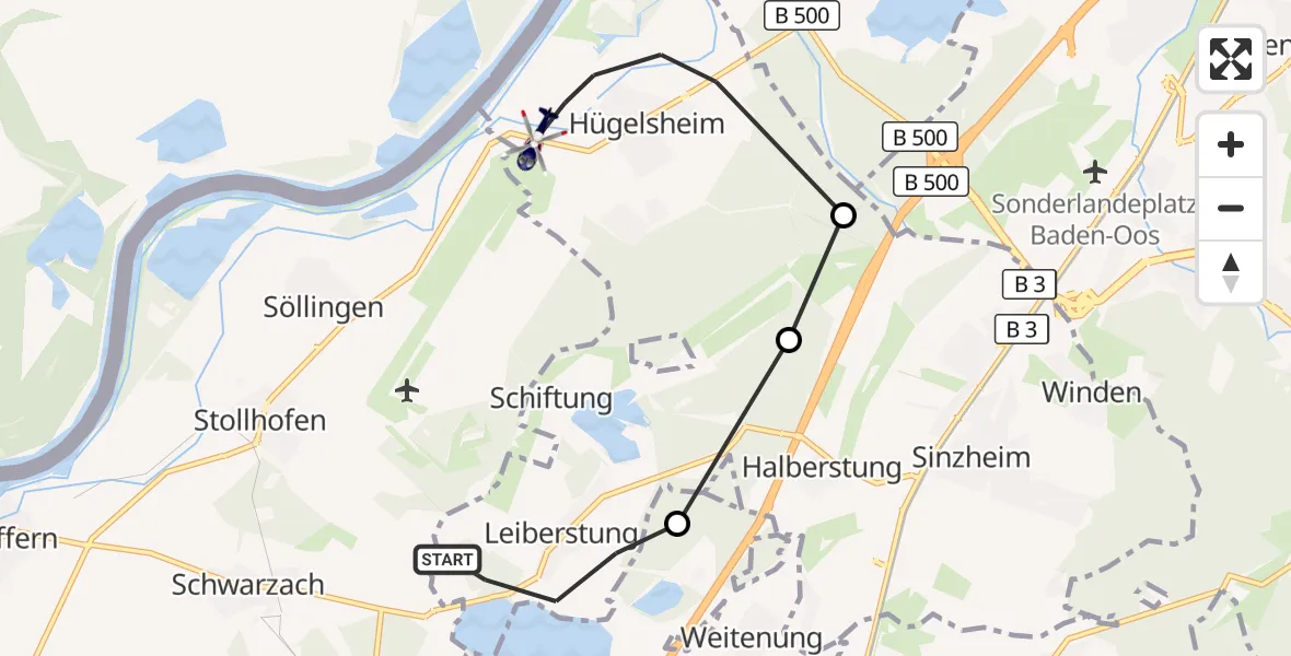 Flugroute Polizeihubschrauber Sinzheim - Hügelsheim, 17 August 2026, 09:47