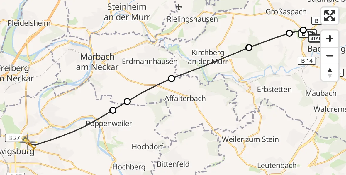 Flugroute Rettungshubschrauber Backnang - Ludwigsburg, 17 August 2026, 09:48