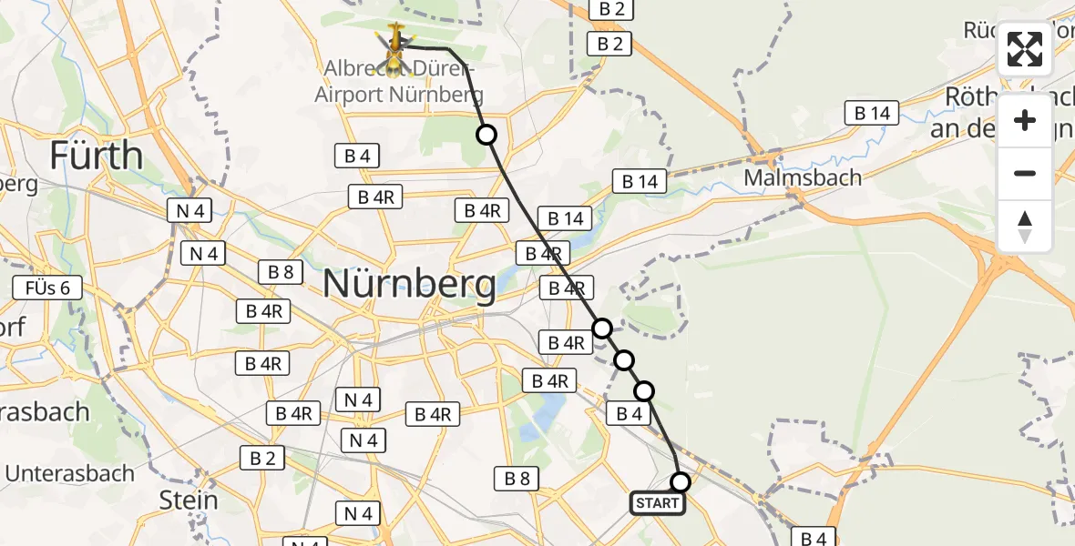 Flugroute Rettungshubschrauber Nürnberg South Hospital - Flughafen Nuremberg, 17 August 2026, 09:58