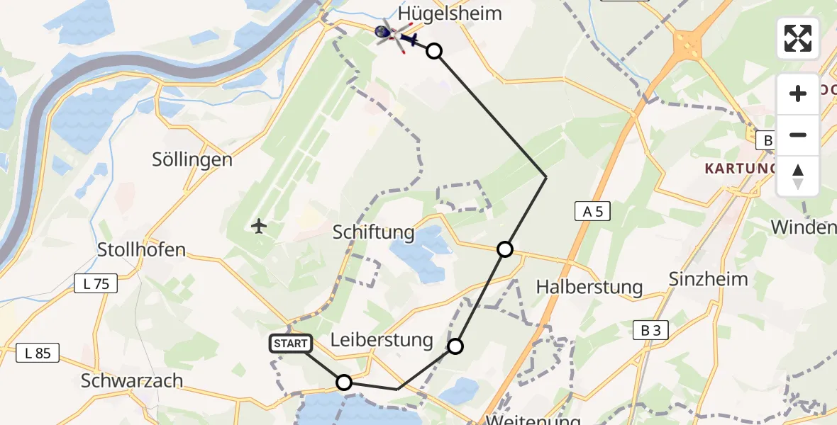 Flugroute Polizeihubschrauber Rheinmünster - Hügelsheim, 17 August 2026, 10:06
