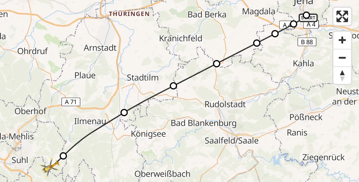 Flugroute Rettungshubschrauber Lobeda Hubschrauberlandeplatz - Suhl, 17 August 2026, 10:18