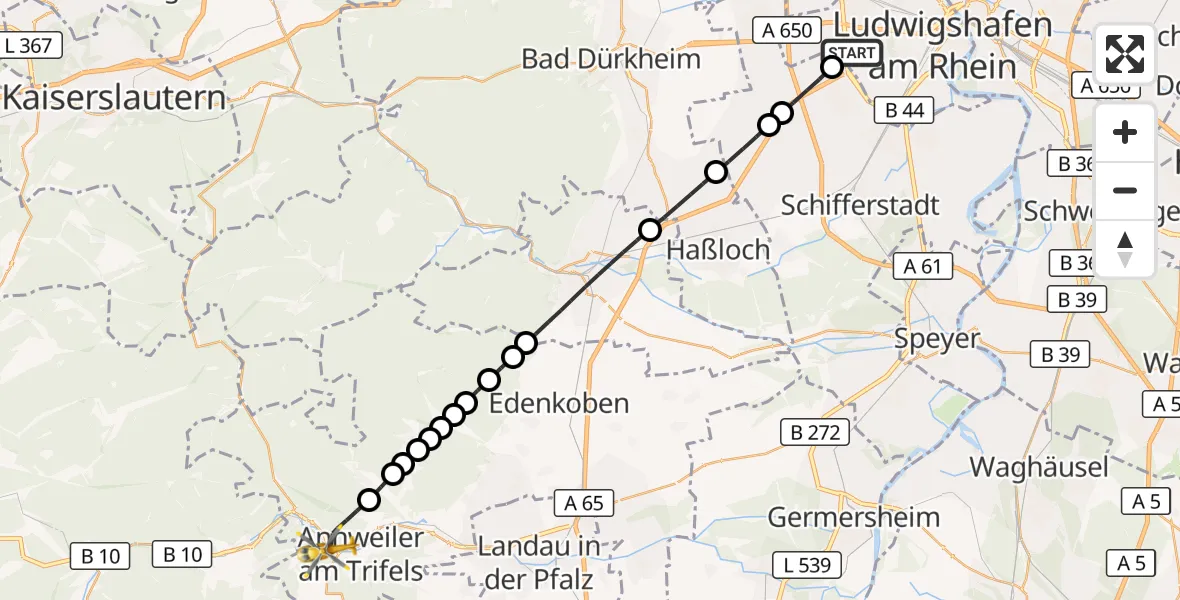 Flugroute Rettungshubschrauber Ludwigshafen am Rhein - Annweiler am Trifels, 17 August 2026, 10:18