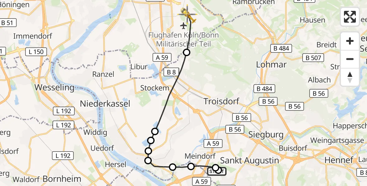 Flugroute Rettungshubschrauber Sankt Augustin - Köln Bonn Flughafen, 17 August 2026, 10:19