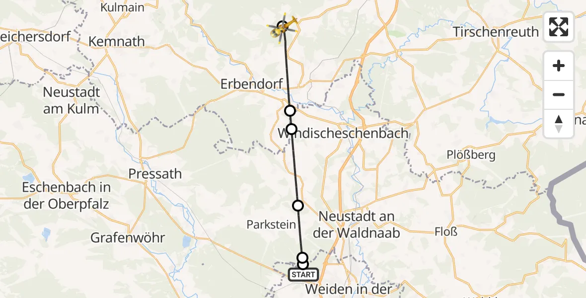 Flugroute Ambulanzhubschrauber Weiden i.d.OPf. - Friedenfels, 17 August 2026, 10:20