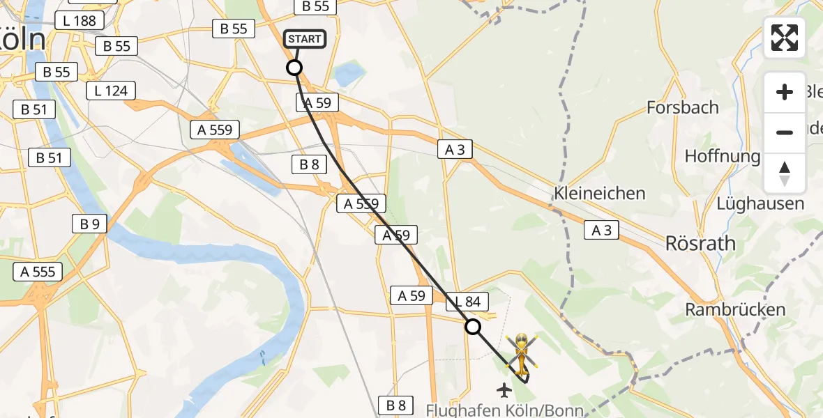 Flugroute Ambulanzhubschrauber Merheim Hospital - Köln Bonn Flughafen, 17 August 2026, 10:21