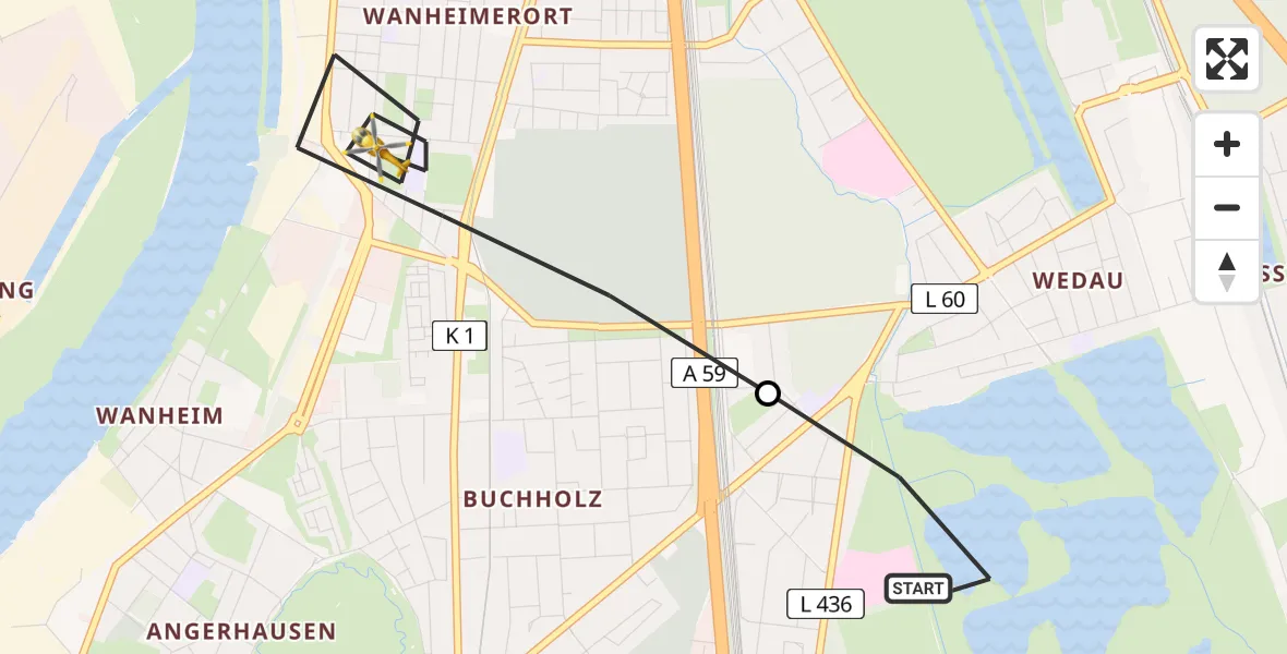 Flugroute Rettungshubschrauber Duisburg Air Rescue Hubschrauberlandeplatz (Christoph 9) - Duisburg, 17 August 2026, 10:30