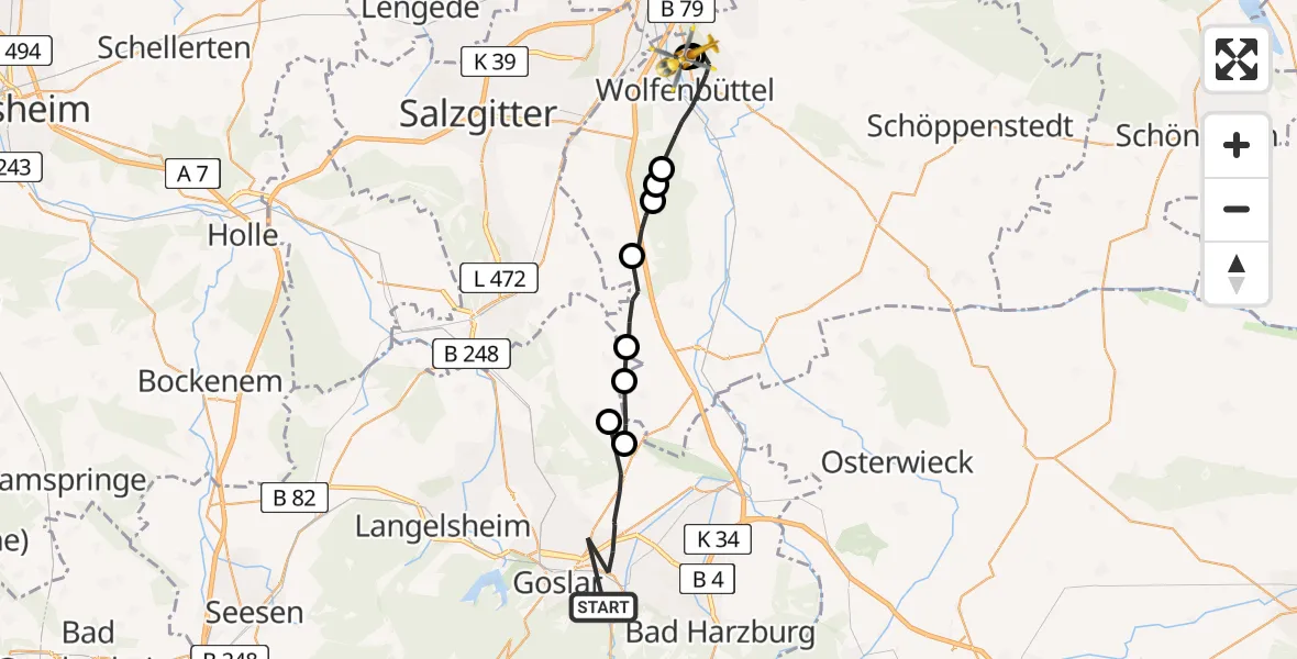 Flugroute Rettungshubschrauber Goslar - Wolfenbüttel Municipal Hospital Heliport (Christoph 30), 17 August 2026, 10:31