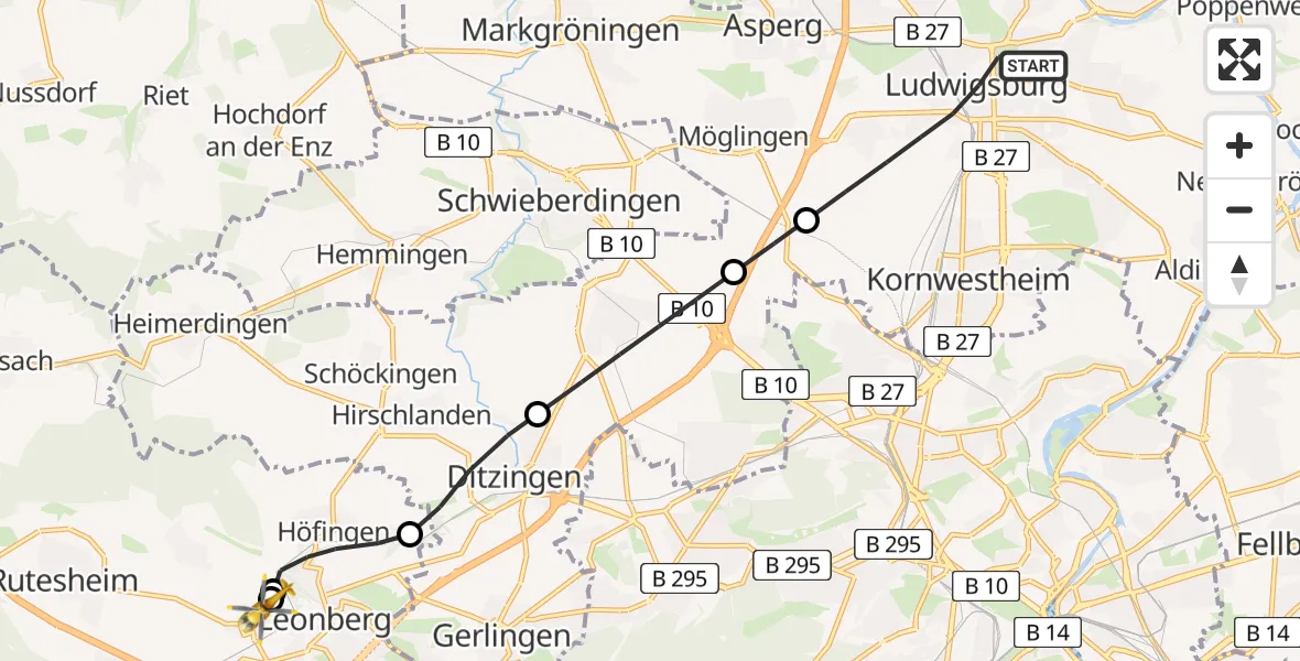 Flugroute Rettungshubschrauber Ludwigsburg - Leonberg Hospital, 17 August 2026, 10:33