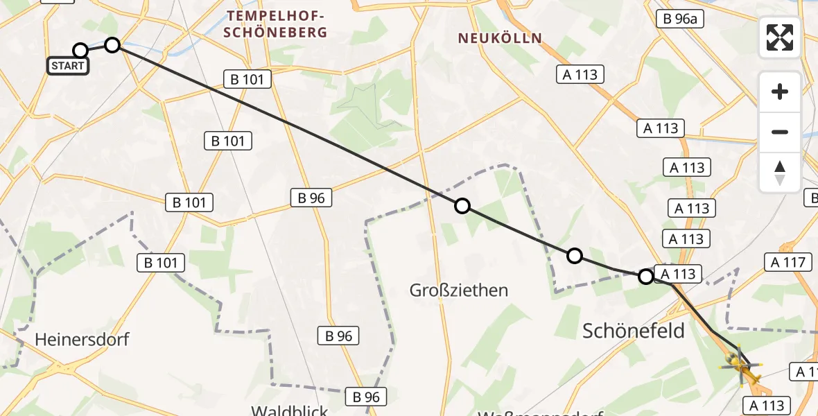 Flugroute Rettungshubschrauber Charité Clinic Benjamin Franklin Campus - Schönefeld, 17 August 2026, 10:45