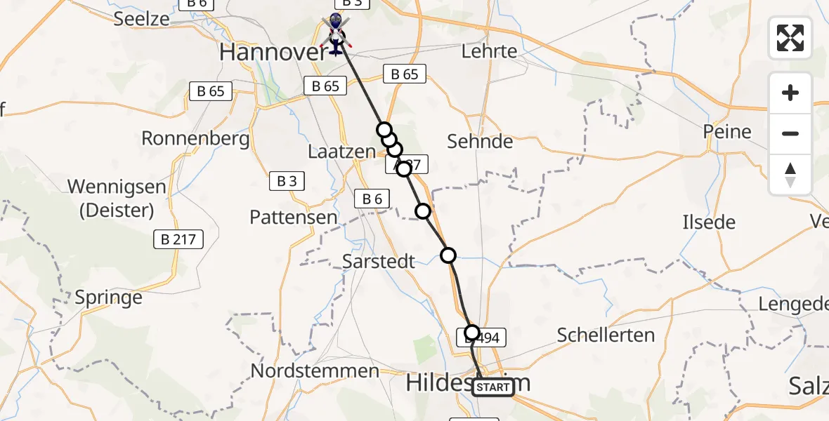 Flugroute Polizeihubschrauber Hildesheim - Hannover Luftrettung Hubschrauberlandeplatz (Christoph 4), 17 August 2026, 10:46