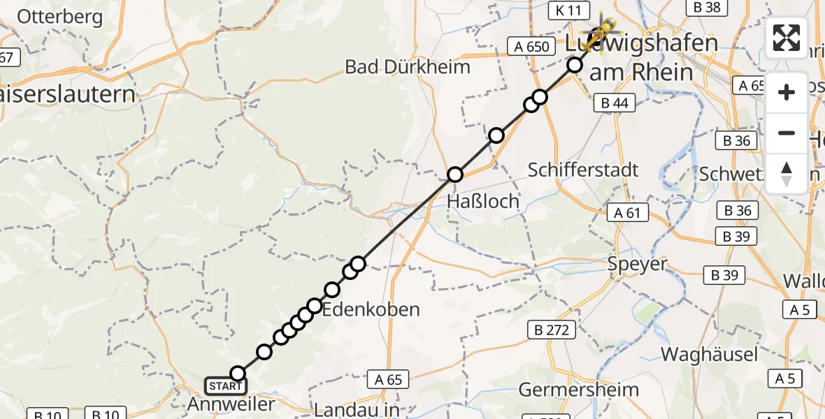 Flugroute Rettungshubschrauber Annweiler am Trifels - Ludwigshafen Accident Hospital, 17 August 2026, 10:49