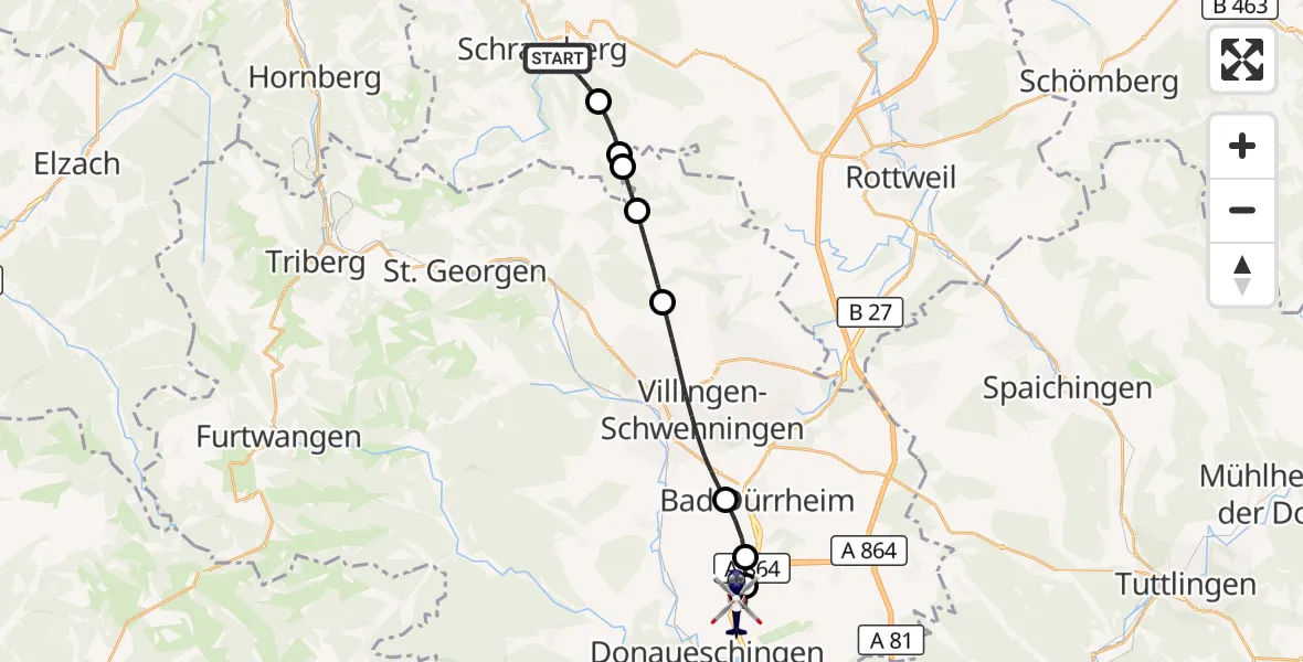 Flugroute Polizeihubschrauber Schramberg - Donaueschingen-Villingen Flugplatz, 17 August 2026, 10:51