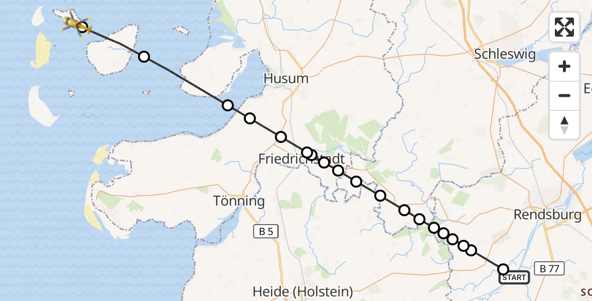 Flugroute Ambulanzhubschrauber Hörsten - Hallig Hooge, 17 August 2026, 10:59