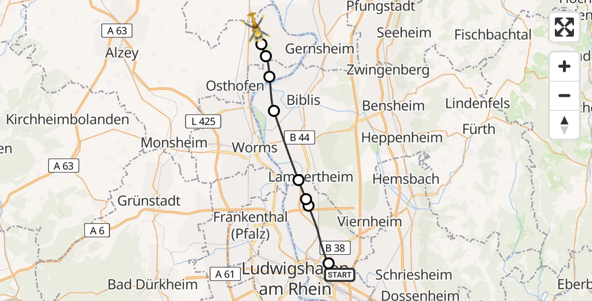 Flugroute Rettungshubschrauber Mannheim-City Flughafen - Gimbsheim, 17 August 2026, 11:00