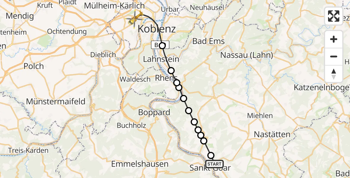 Flugroute Rettungshubschrauber Sankt Goarshausen - Koblenz, 17 August 2026, 11:03