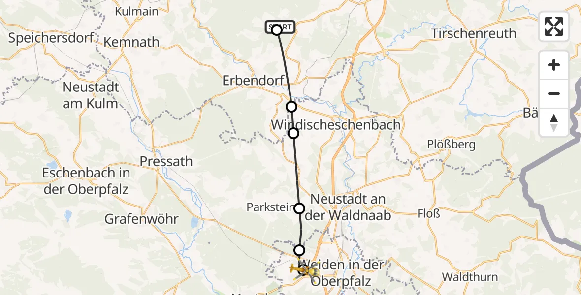 Flugroute Ambulanzhubschrauber Friedenfels - Weiden in der Oberpfalz Flugplatz, 17 August 2026, 11:03