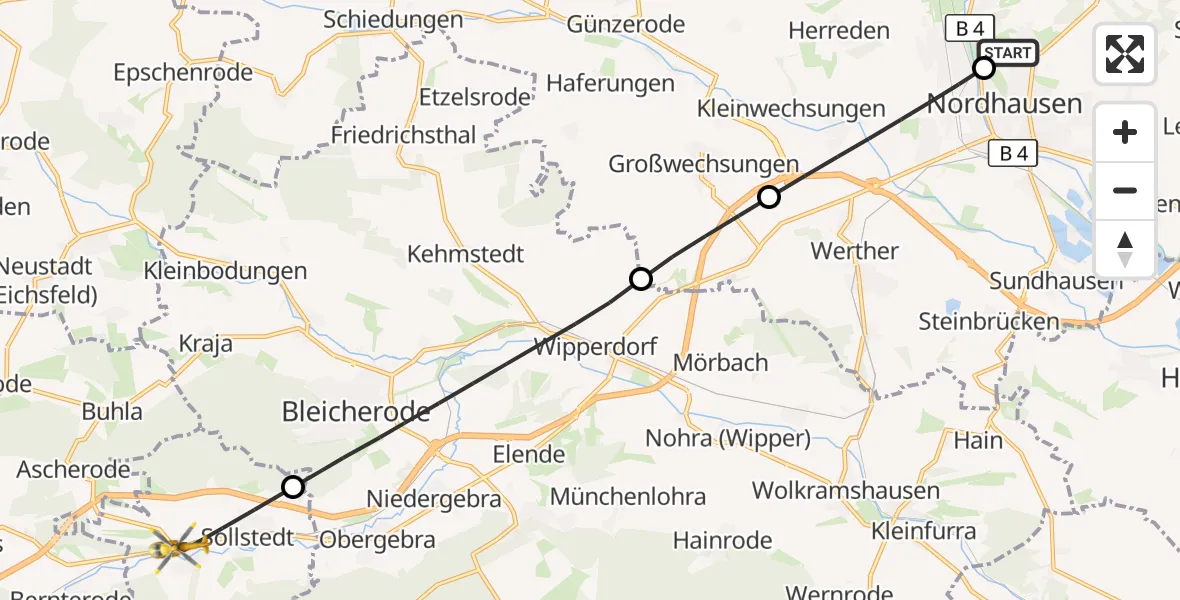 Flugroute Rettungshubschrauber Südharz Hospital Nordhausen - Sollstedt, 17 August 2026, 11:05