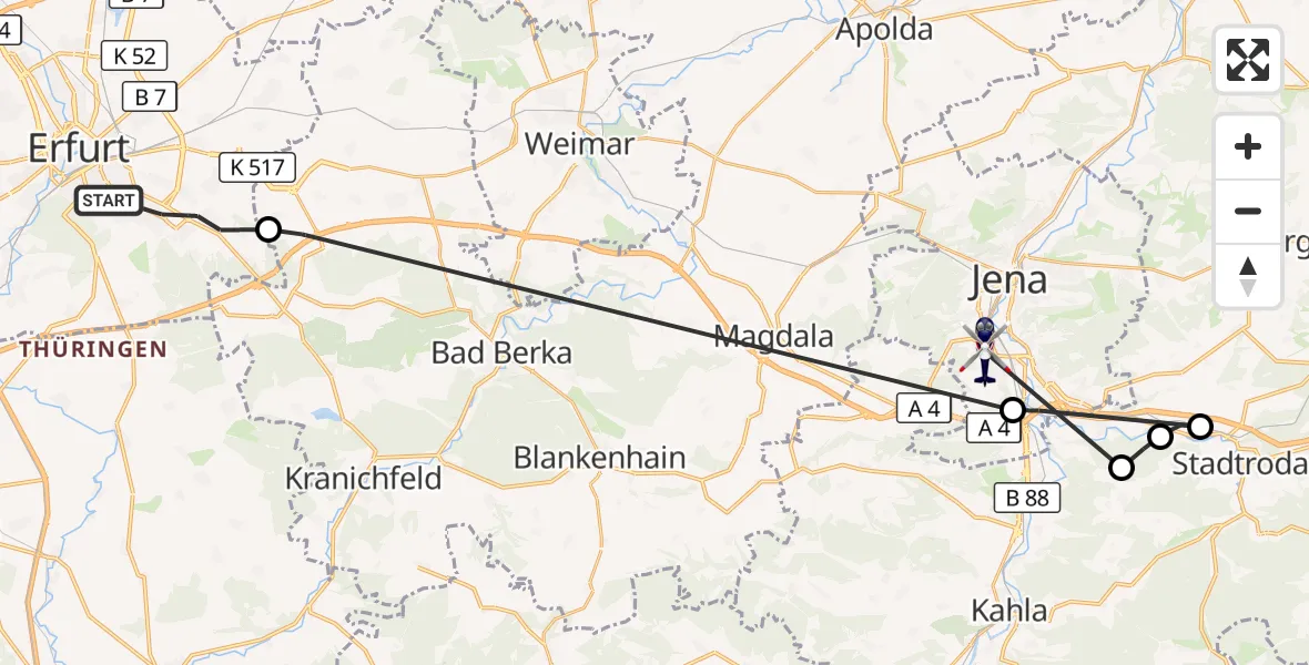 Flugroute Polizeihubschrauber Erfurt - Jena, 17 August 2026, 11:05