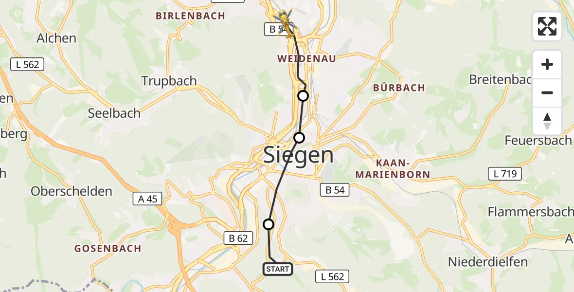 Flugroute Rettungshubschrauber Evangelisches Jung-Stilling Hospital - Siegen, 17 August 2026, 11:15
