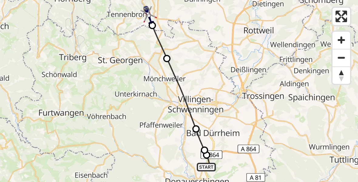 Flugroute Polizeihubschrauber Donaueschingen-Villingen Flugplatz - Schramberg, 17 August 2026, 11:17
