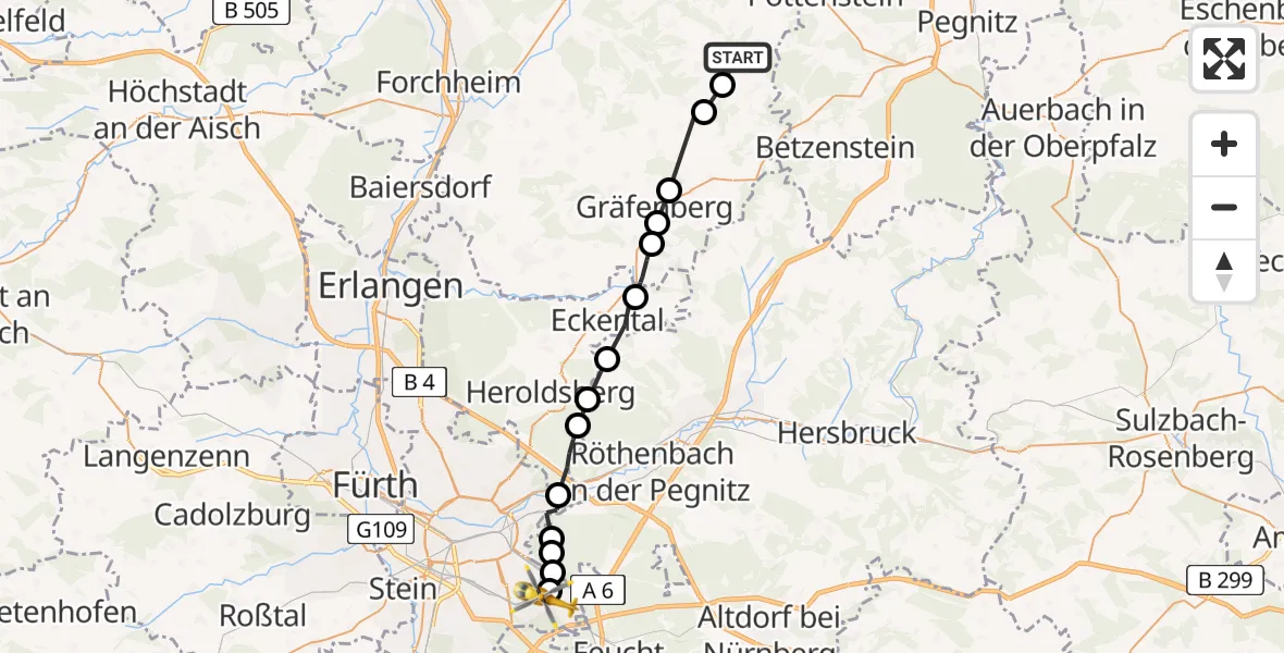 Flugroute Rettungshubschrauber Gößweinstein - Nürnberg, 17 August 2026, 11:20