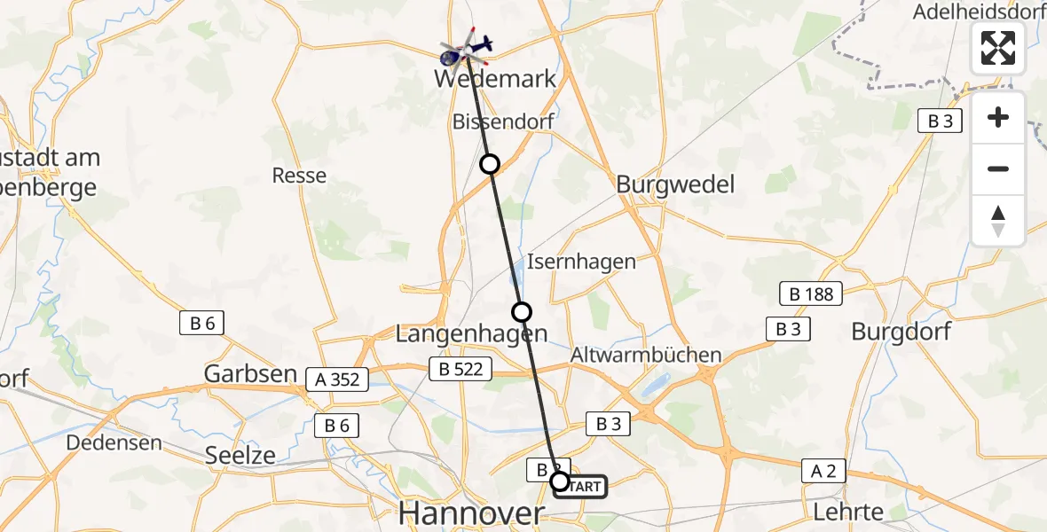 Flugroute Polizeihubschrauber Hannover Luftrettung Hubschrauberlandeplatz (Christoph 4) - Wedemark, 17 August 2026, 11:22