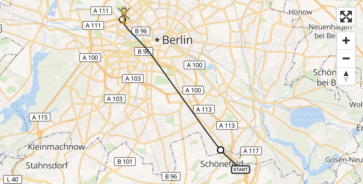 Flugroute Rettungshubschrauber Schönefeld - Charité Clinic Virchow Campus Hubschrauberlandeplatz, 17 August 2026, 11:27