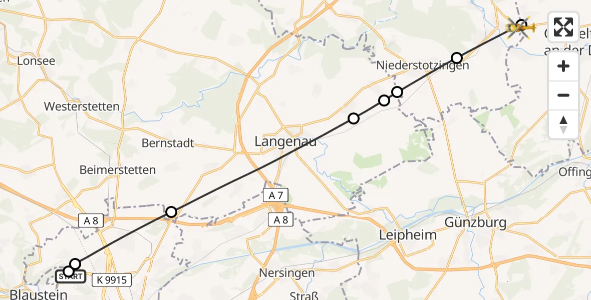 Flugroute Rettungshubschrauber Ulm Military Hospital Emergency - Medlingen, 17 August 2026, 11:30