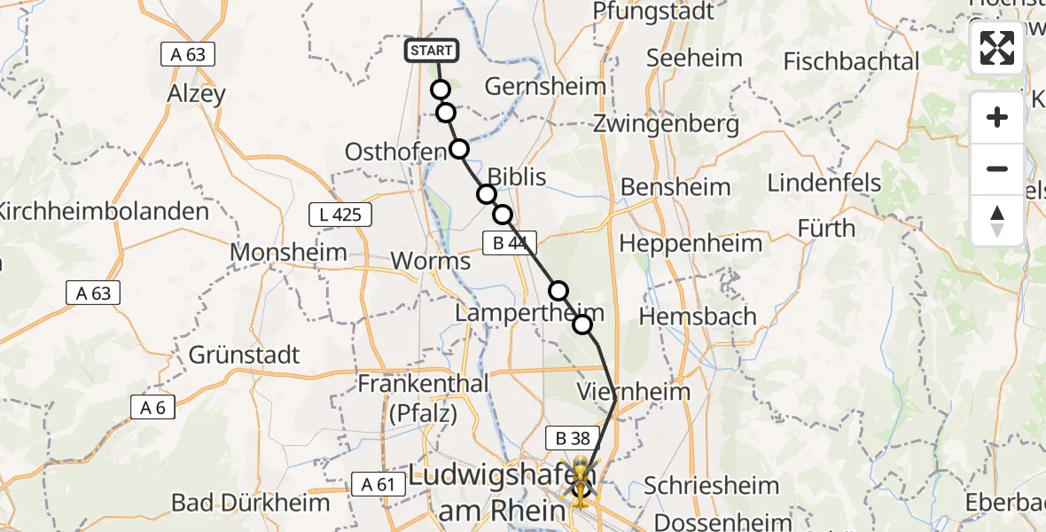 Flugroute Rettungshubschrauber Gimbsheim - Mannheim-City Flughafen, 17 August 2026, 11:35