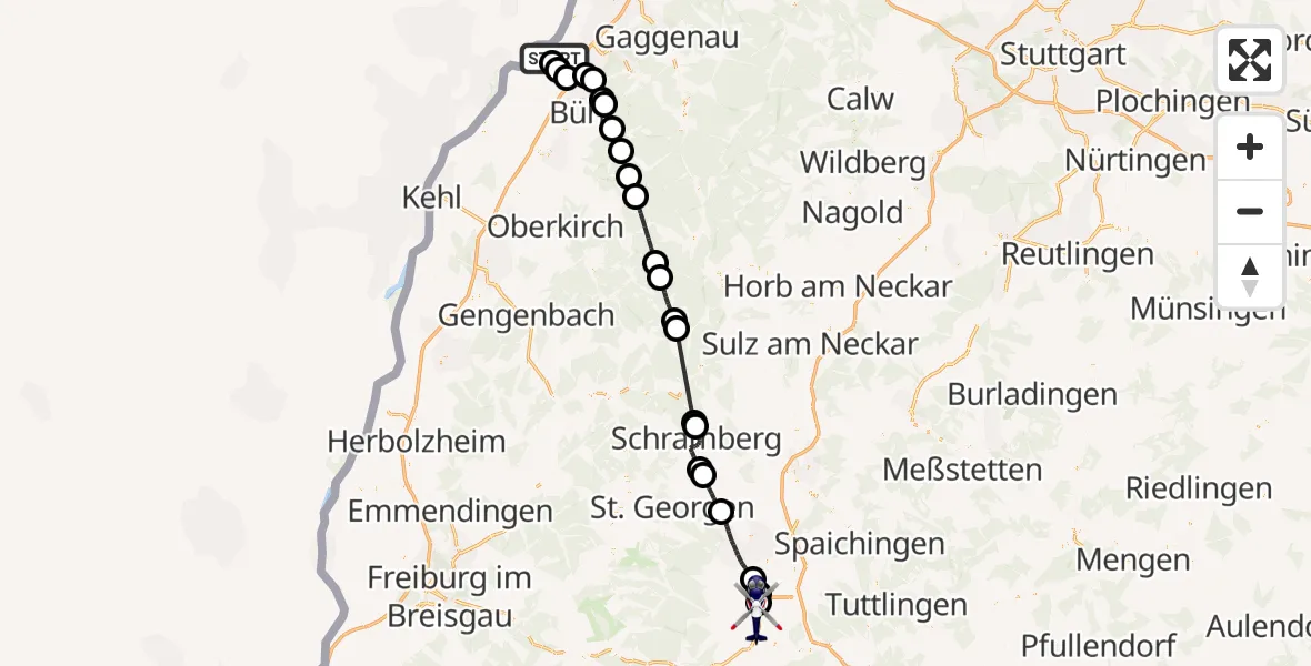 Flugroute Polizeihubschrauber Karlsruhe Baden-Baden Flughafen - Donaueschingen-Villingen Flugplatz, 17 August 2026, 11:37