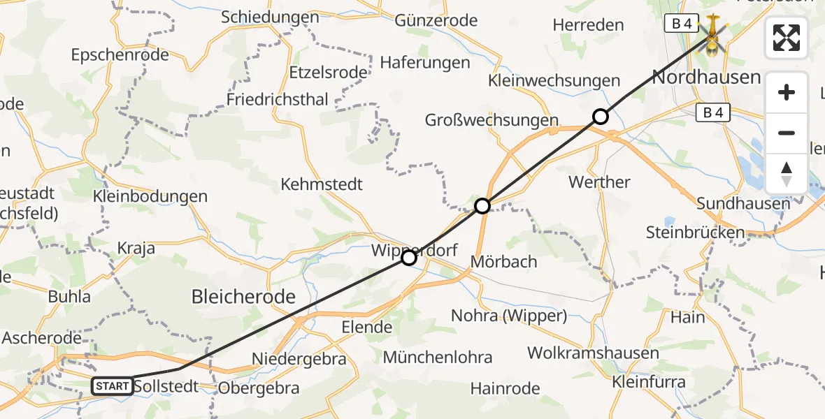 Flugroute Rettungshubschrauber Sollstedt - Südharz Hospital Nordhausen, 17 August 2026, 11:39