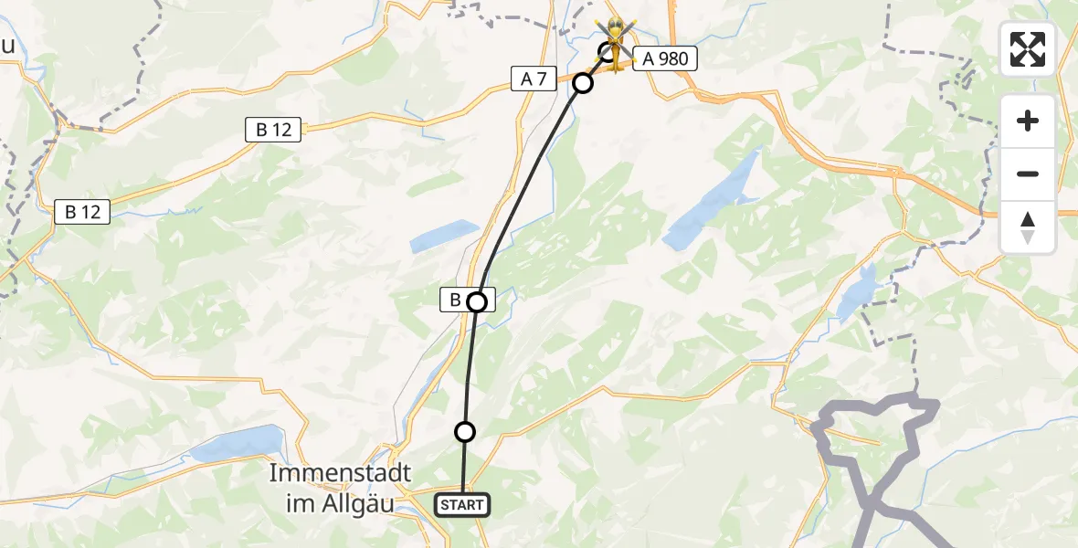 Flugroute Rettungshubschrauber Agathazell Flugplatz - Kempten-Durach Flugplatz, 17 August 2026, 11:48