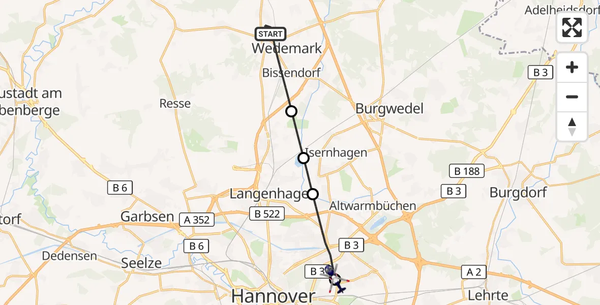 Flugroute Polizeihubschrauber Wedemark - Hannover Luftrettung Hubschrauberlandeplatz (Christoph 4), 17 August 2026, 11:49