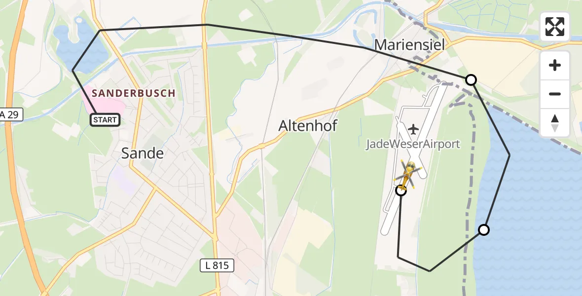 Flugroute Rettungshubschrauber Sande - JadeWeser Flughafen, 17 August 2026, 11:49