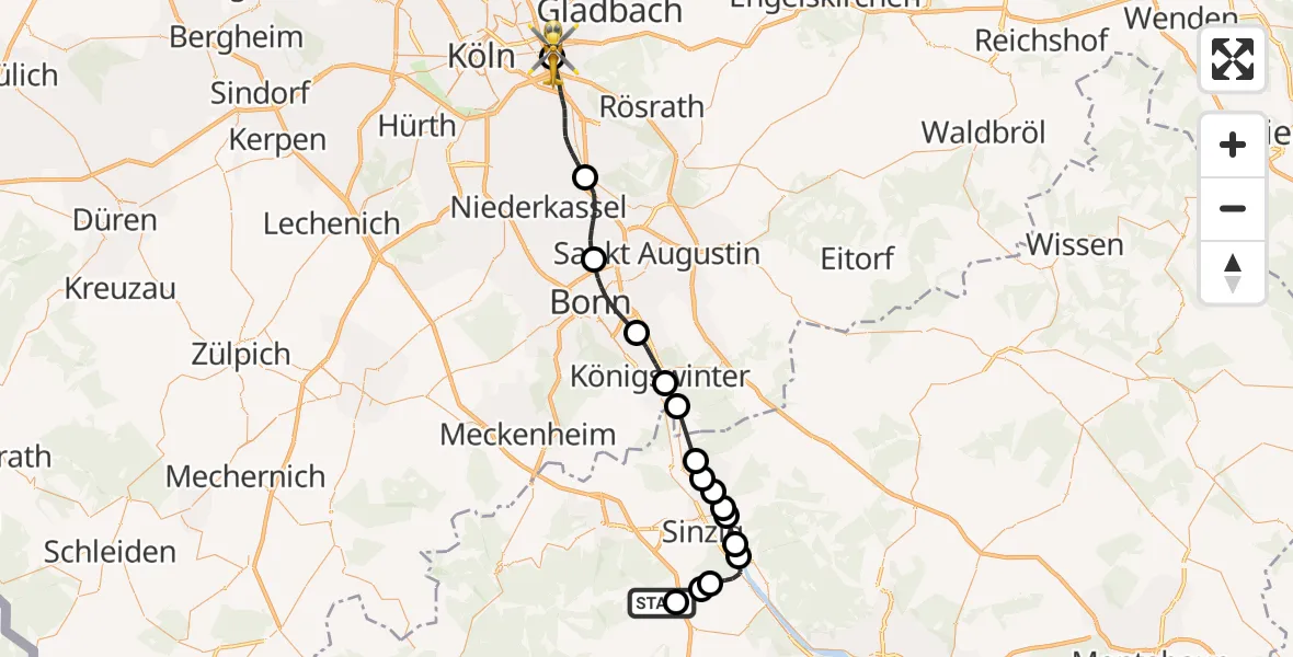 Flugroute Rettungshubschrauber Königsfeld - Merheim Hospital, 17 August 2026, 11:50