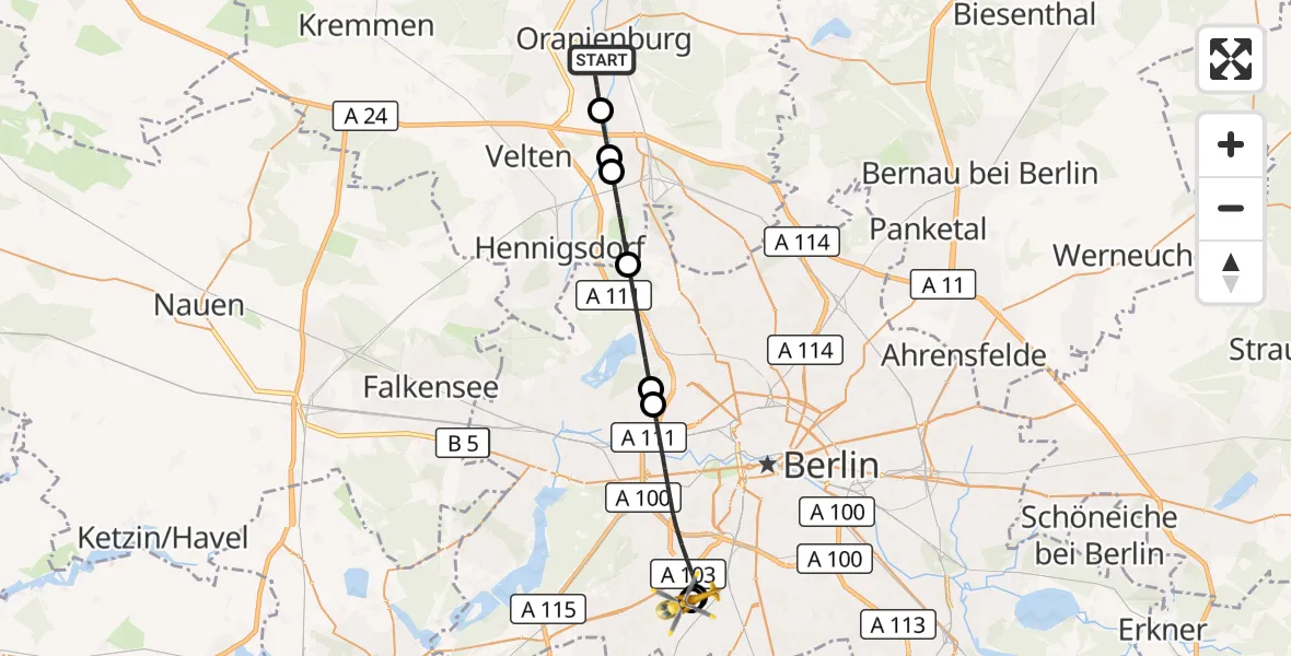 Flugroute Rettungshubschrauber Oranienburg - Charité Clinic Benjamin Franklin Campus, 17 August 2026, 11:51