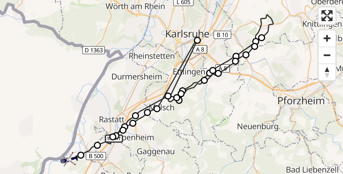 Flugroute Polizeihubschrauber Baden-Baden - Karlsruhe Baden-Baden Flughafen, 17 August 2026, 11:54