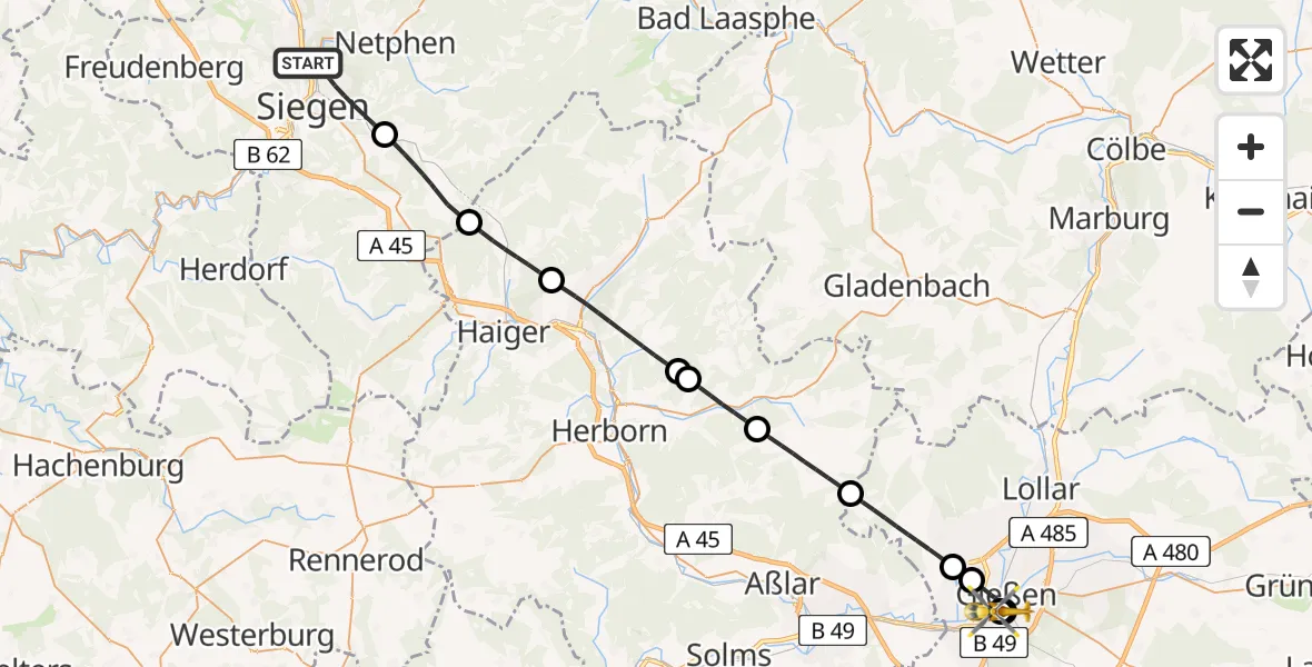 Flugroute Rettungshubschrauber Siegen - Gießen University Hospital, 17 August 2026, 12:08
