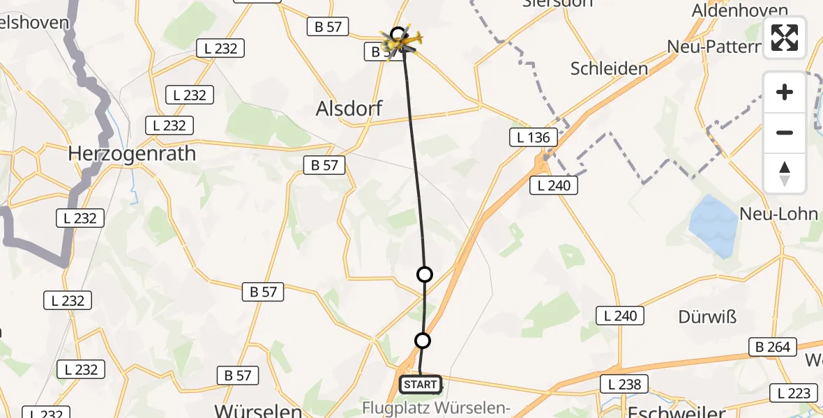 Flugroute Rettungshubschrauber Aachen-Merzbrück Flughafen - Alsdorf, 17 August 2026, 12:38