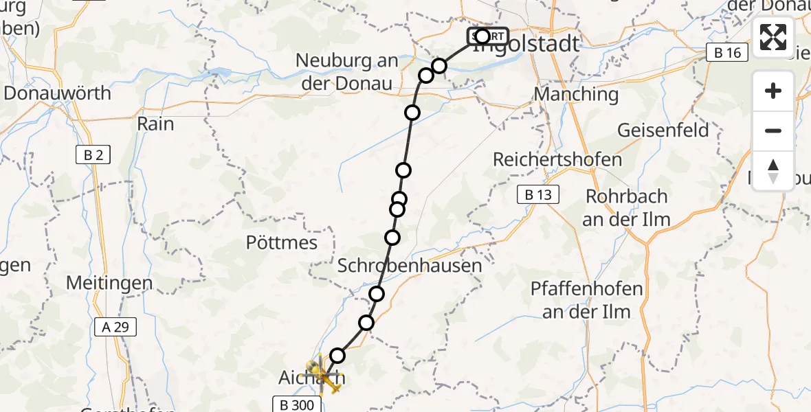 Flugroute Rettungshubschrauber Ingolstadt Hospital - Aichach, 17 August 2026, 12:40