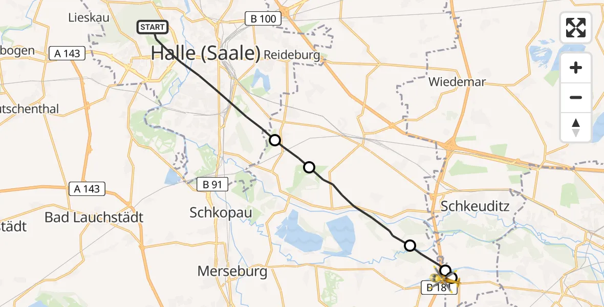 Flugroute Rettungshubschrauber Halle (Saale) - ADAC Air Rescue Station Leipzig/Schkeuditz-Dölzig Hubschrauberlandeplatz (Christoph 61), 17 August 2026, 12:51