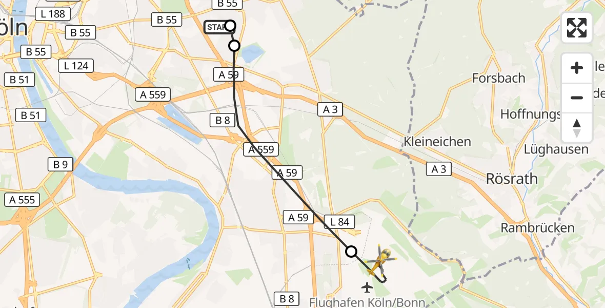 Flugroute Rettungshubschrauber Merheim Hospital - Köln Bonn Flughafen, 17 August 2026, 12:54