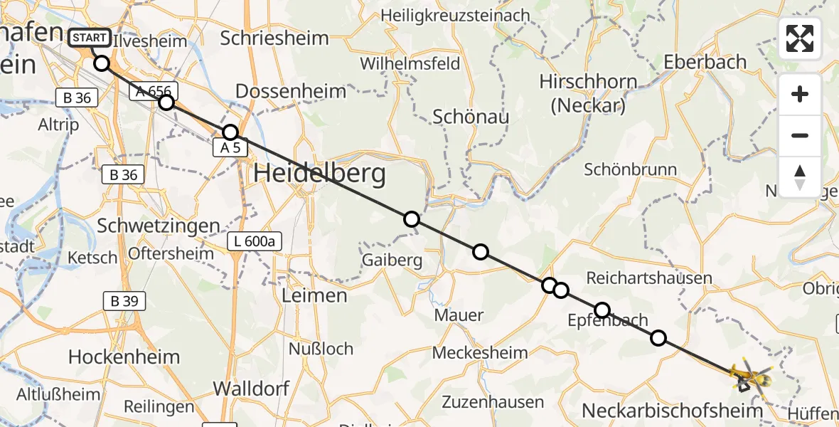 Flugroute Rettungshubschrauber Mannheim-City Flughafen - Helmstadt-Bargen, 17 August 2026, 12:58