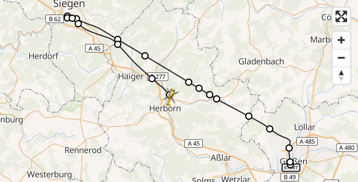 Flugroute Rettungshubschrauber Gießen University Hospital - Herborn, 17 August 2026, 12:59
