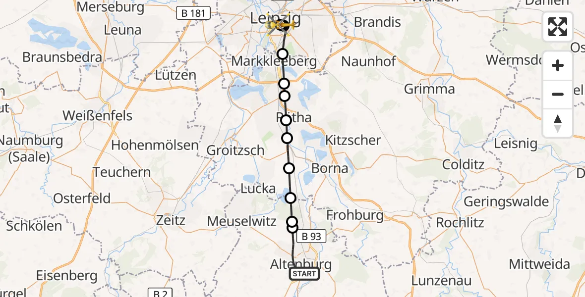 Flugroute Rettungshubschrauber Altenburg - Leipzig University Hospital Heliport 1, 17 August 2026, 13:06