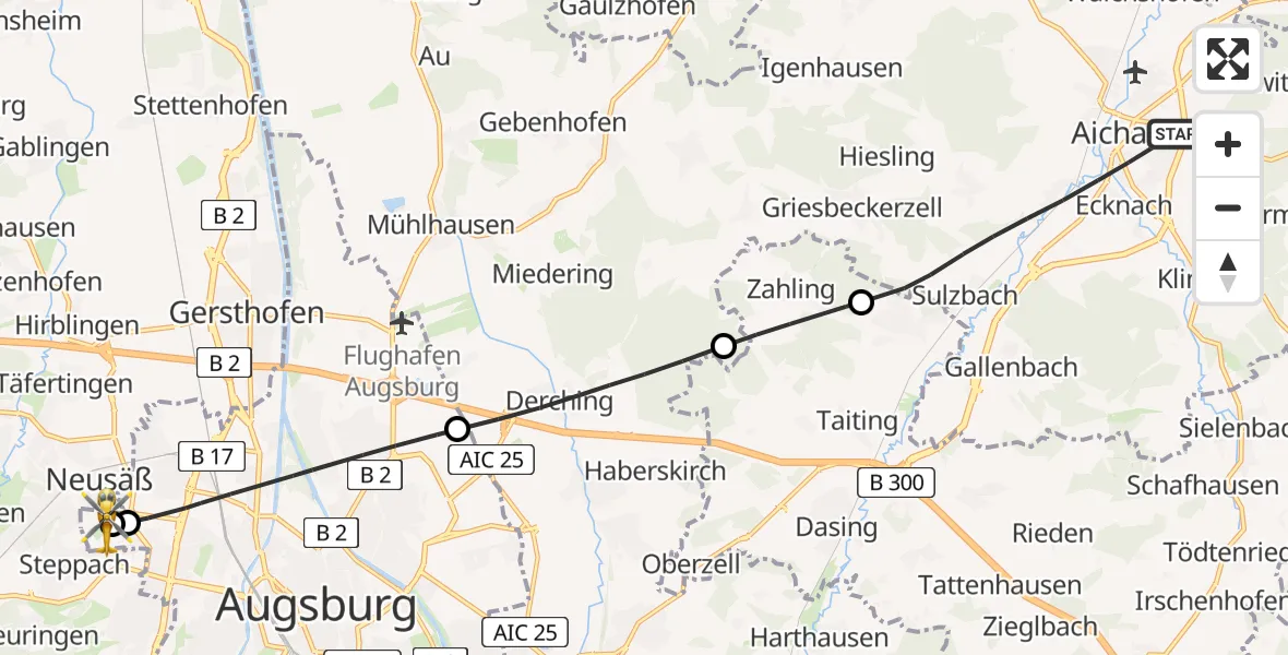 Flugroute Rettungshubschrauber Aichach - Augsburg University Hospital, 17 August 2026, 13:19