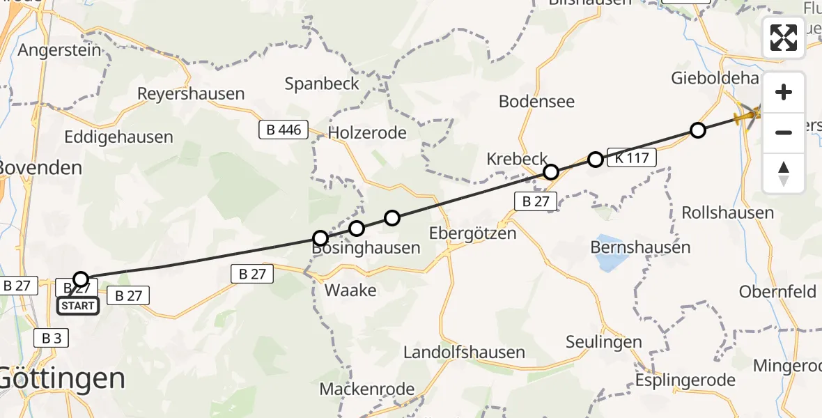 Flugroute Rettungshubschrauber Göttingen University Clinic Hubschrauberlandeplatz - Gieboldehausen, 17 August 2026, 13:25