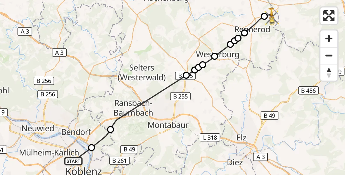 Flugroute Rettungshubschrauber Koblenz - Rehe, 17 August 2026, 13:27