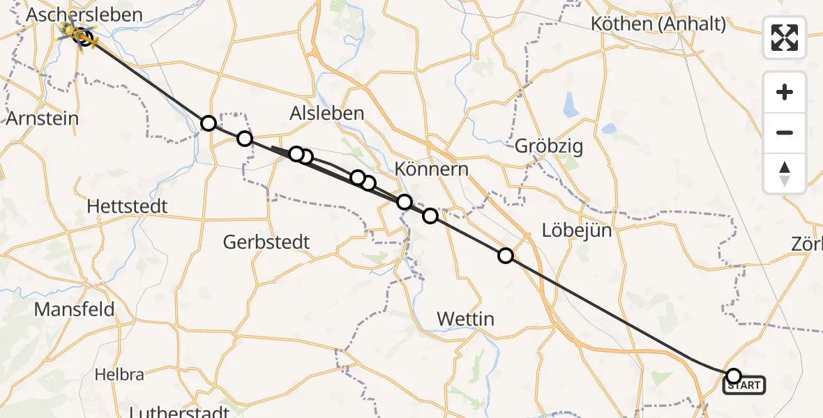Flugroute Rettungshubschrauber Halle-Oppin Flugplatz - AMEOS Hospital Aschersleben, 17 August 2026, 13:29